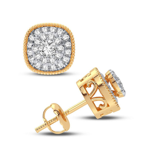 Aretes con halo de diamantes de talla cojín - Oro amarillo de 14 k