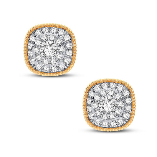 Aretes con halo de diamantes de talla cojín - Oro amarillo de 14 k