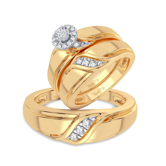 Juego de anillos de boda con trío de diamantes en forma de remolino en oro amarillo de 14 quilates, 0,20 quilates