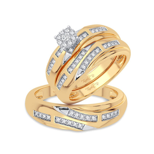 Juego de anillos de boda con trío de diamantes de 0,25 quilates en oro amarillo de 14 quilates