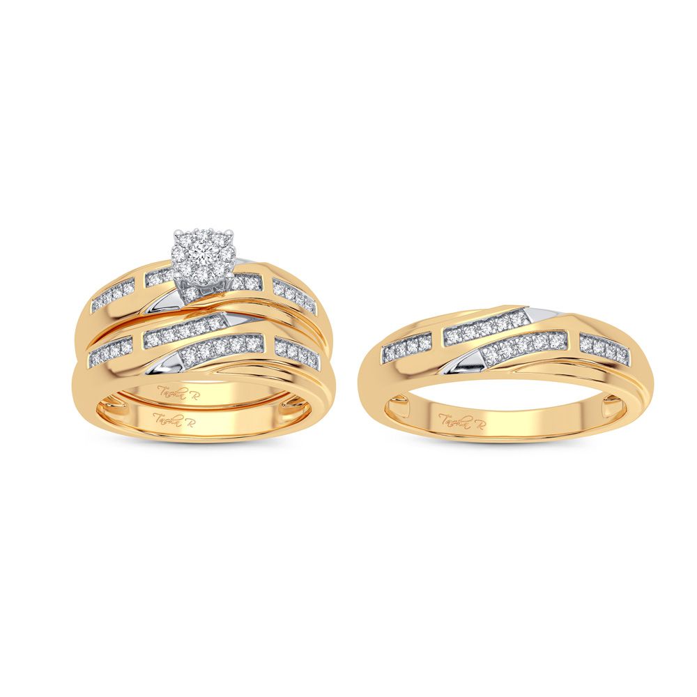 Juego de anillos de boda con trío de diamantes de 0,25 quilates en oro amarillo de 14 quilates