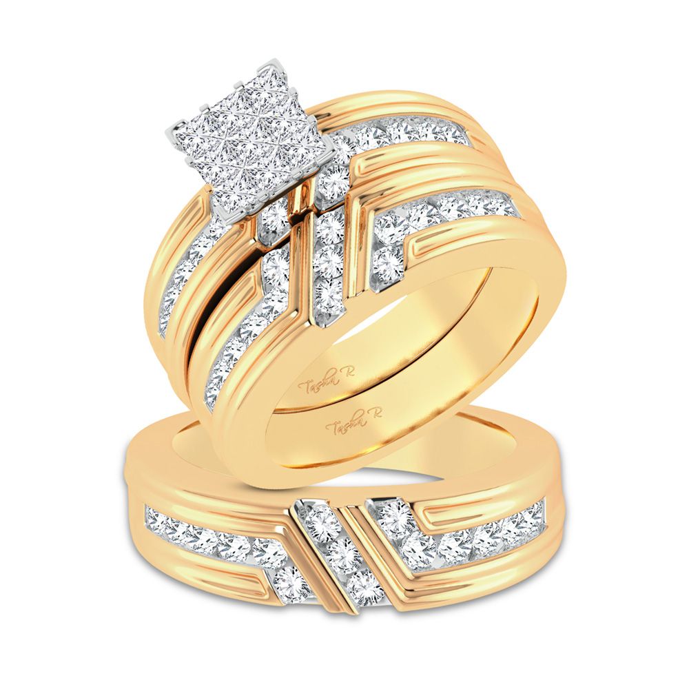 Juego de anillos de boda con trío de diamantes en oro amarillo de 14 quilates, diamantes de 2,00 quilates