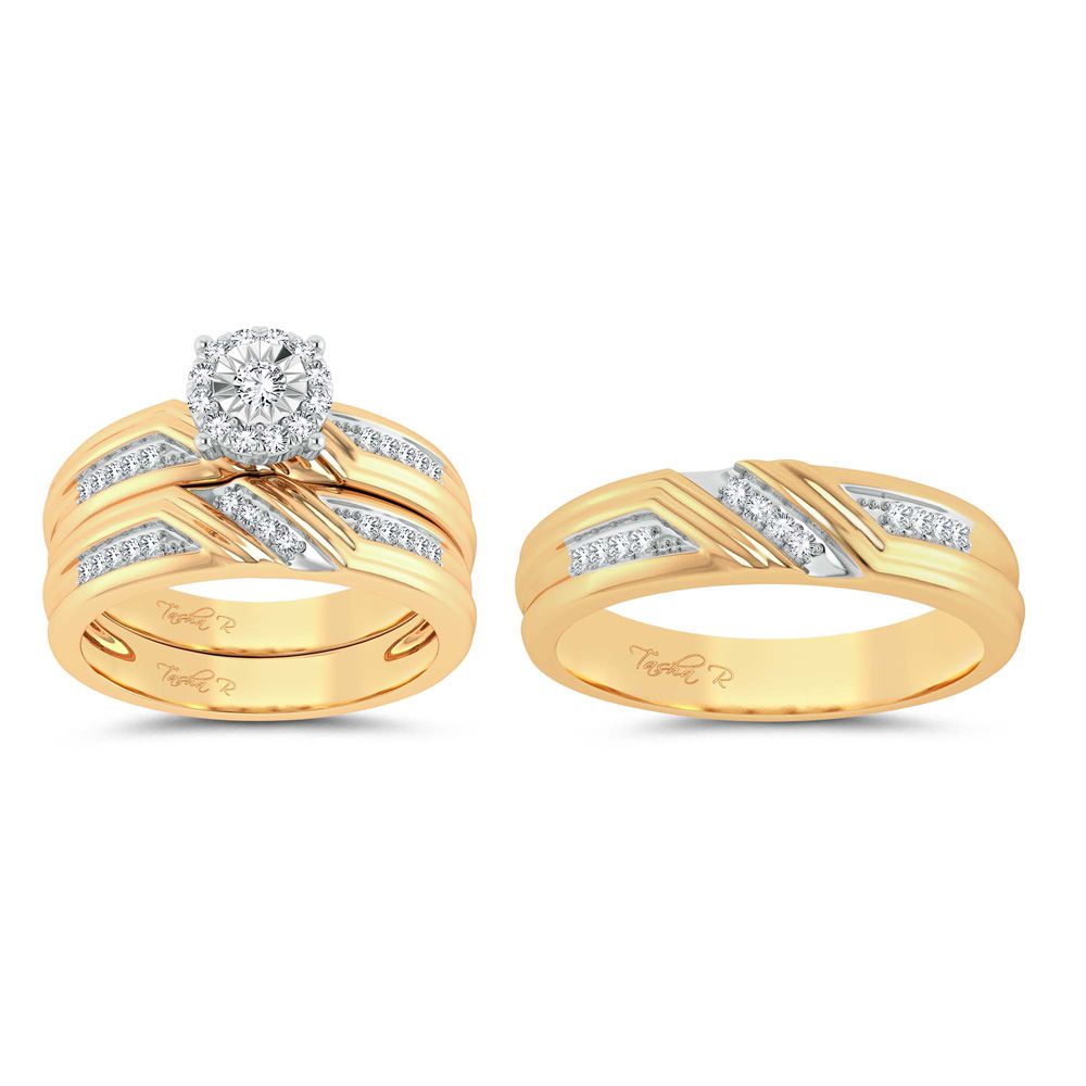 Elegancia retorcida: Conjunto de boda con trío de diamantes de 0,43 quilates en oro amarillo de 14 quilates