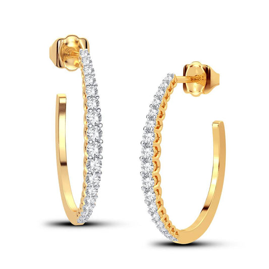 Aretes tipo argolla con detalles de diamantes y barra curva - Oro amarillo de 14 k