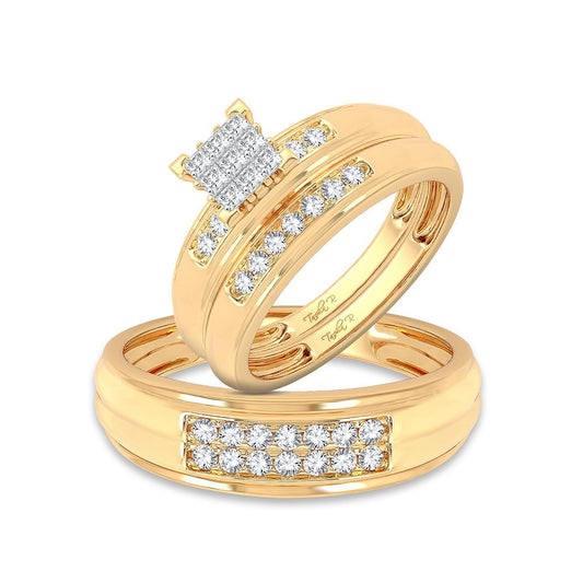 Juego de trío de anillos de boda con engarce de canales de diamantes de 0,50 quilates en oro amarillo de 14 quilates