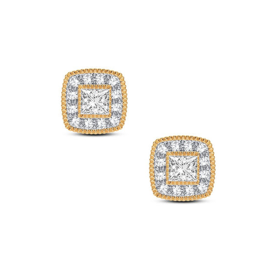 Aretes elegantes con diamantes y halo cuadrado - Oro amarillo de 14 k
