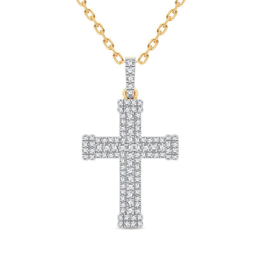 Colgante luminoso con forma de cruz de diamantes engastados en pavé de 0,50 quilates en oro amarillo de 14 quilates