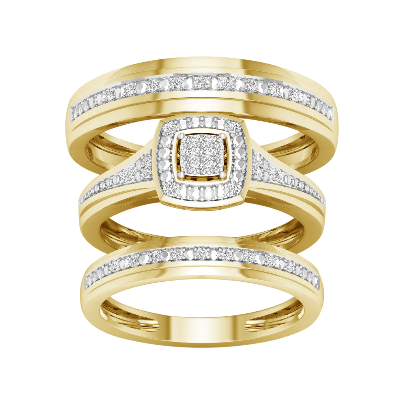 10K Yellow Gold 0.10 CT Diamond Square Frame Trio Set