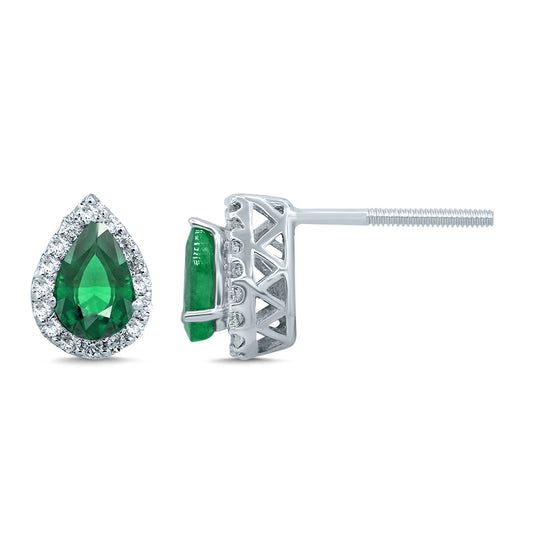Vivid Emerald Pear Halo Diamond Earrings - 14K White Gold