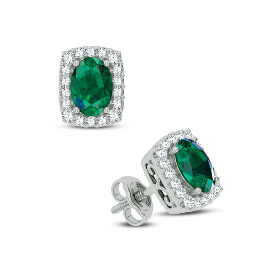 Classic Emerald Oval Framed Diamond Stud Earrings - 14K White Gold