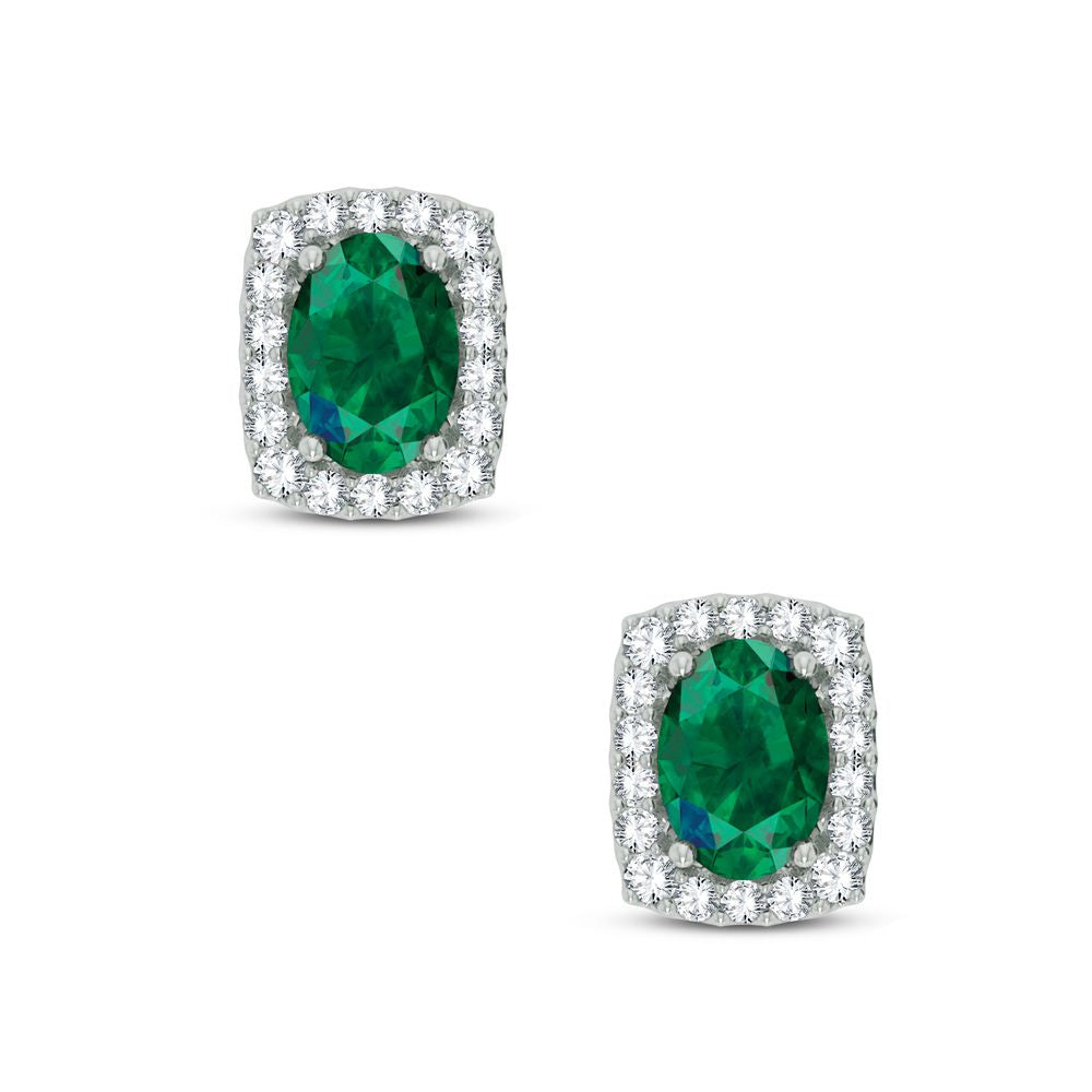 Classic Emerald Oval Framed Diamond Stud Earrings - 14K White Gold