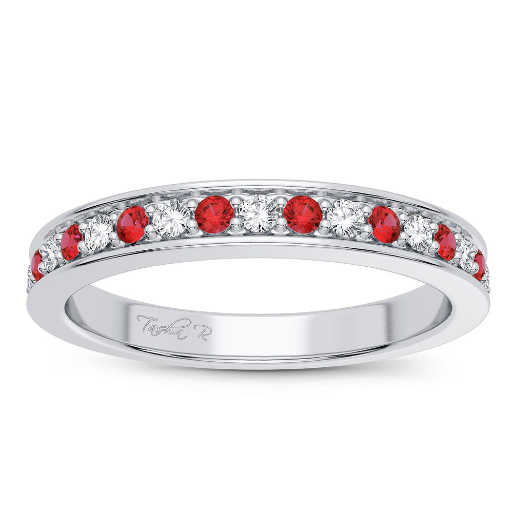 Crimson Serenade - 14K White Gold 0.12CT Diamond and Gemstone Band