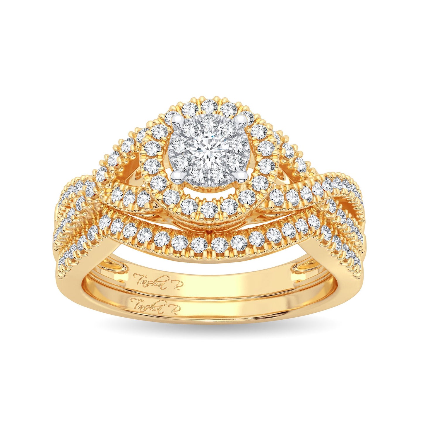 Serenata Sunburst - Conjunto nupcial de oro amarillo de 14 quilates con diamantes redondos de 0,50 quilates