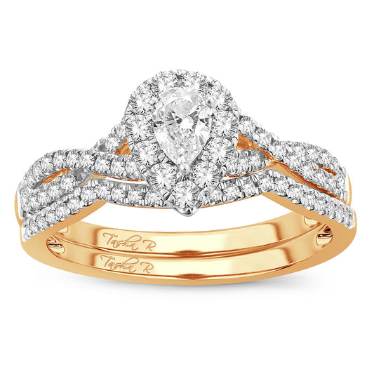 Halo de encantamiento: anillo nupcial de oro amarillo de 14 quilates con diamantes de talla elegante de 0,75 quilates