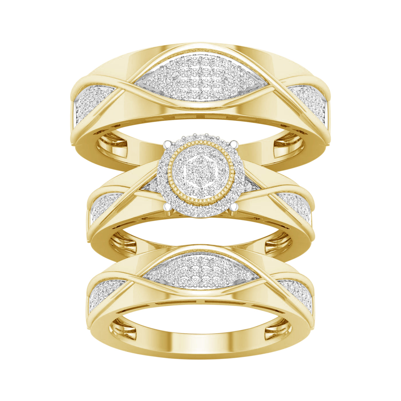 Juego de trío con halo circular de diamantes de 0,50 quilates en oro amarillo de 10 quilates