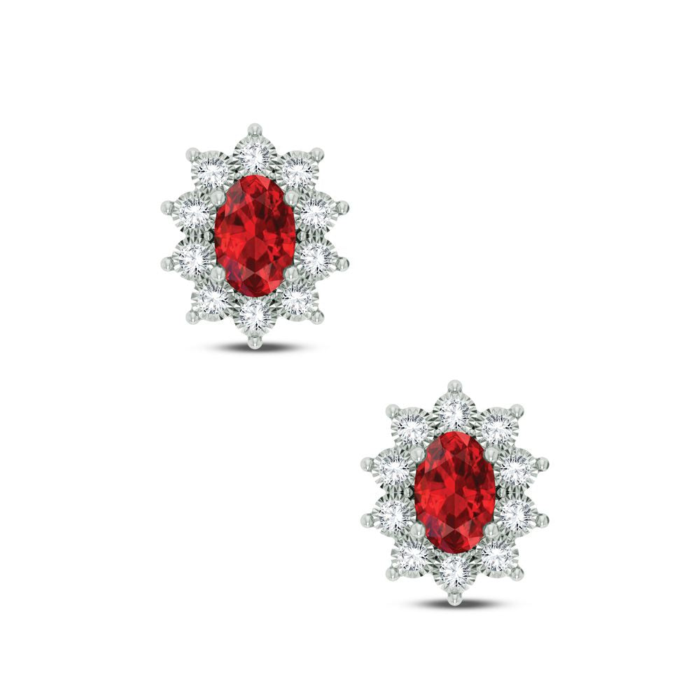 Ruby Red Gemstone Earrings - 10K White Gold 0.04CT Diamonds