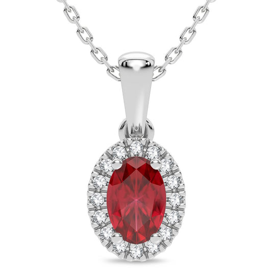 14K White Gold Oval Ruby & 0.05 CT Diamond Halo Pendant