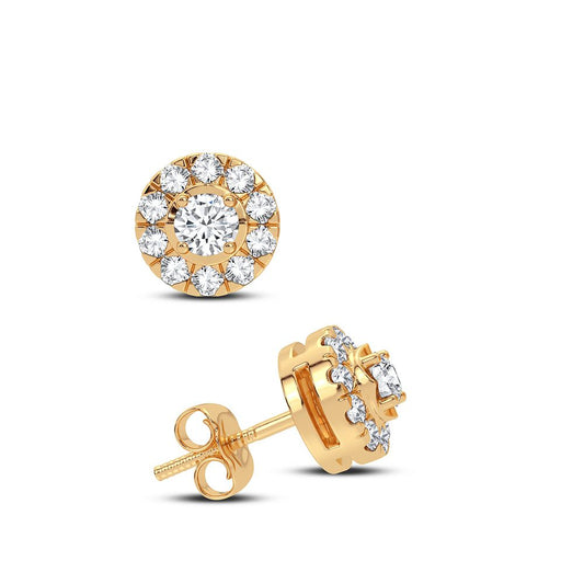 Aretes con halo de diamantes de talla redonda a la moda - Oro amarillo de 14 k