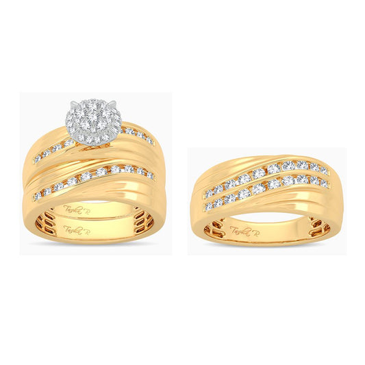 Juego de anillos de boda con trío de diamantes de 1,13 quilates en oro amarillo de 14 quilates