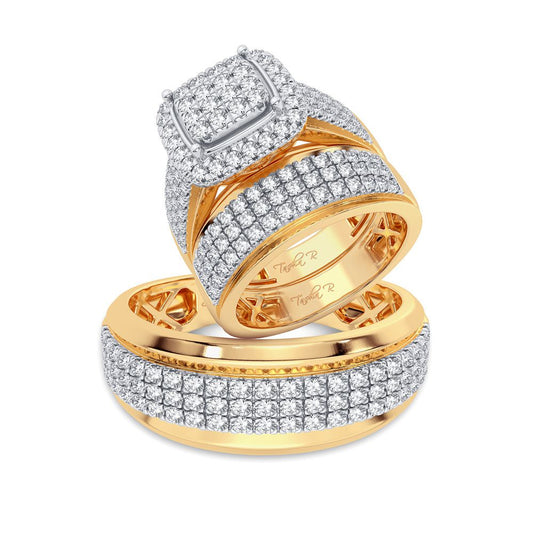 Diamond Allure: Conjunto de boda con trío de diamantes de 2,00 quilates en oro amarillo de 14 quilates