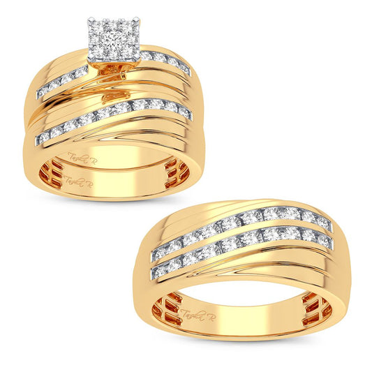 Elegancia radical: conjunto de boda con trío de diamantes de 1,13 quilates en oro amarillo de 14 quilates
