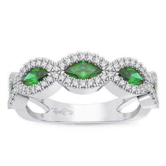Verde Vista - Banda de oro blanco de 14 quilates con diamantes de 0,20 quilates y piedras preciosas verdes