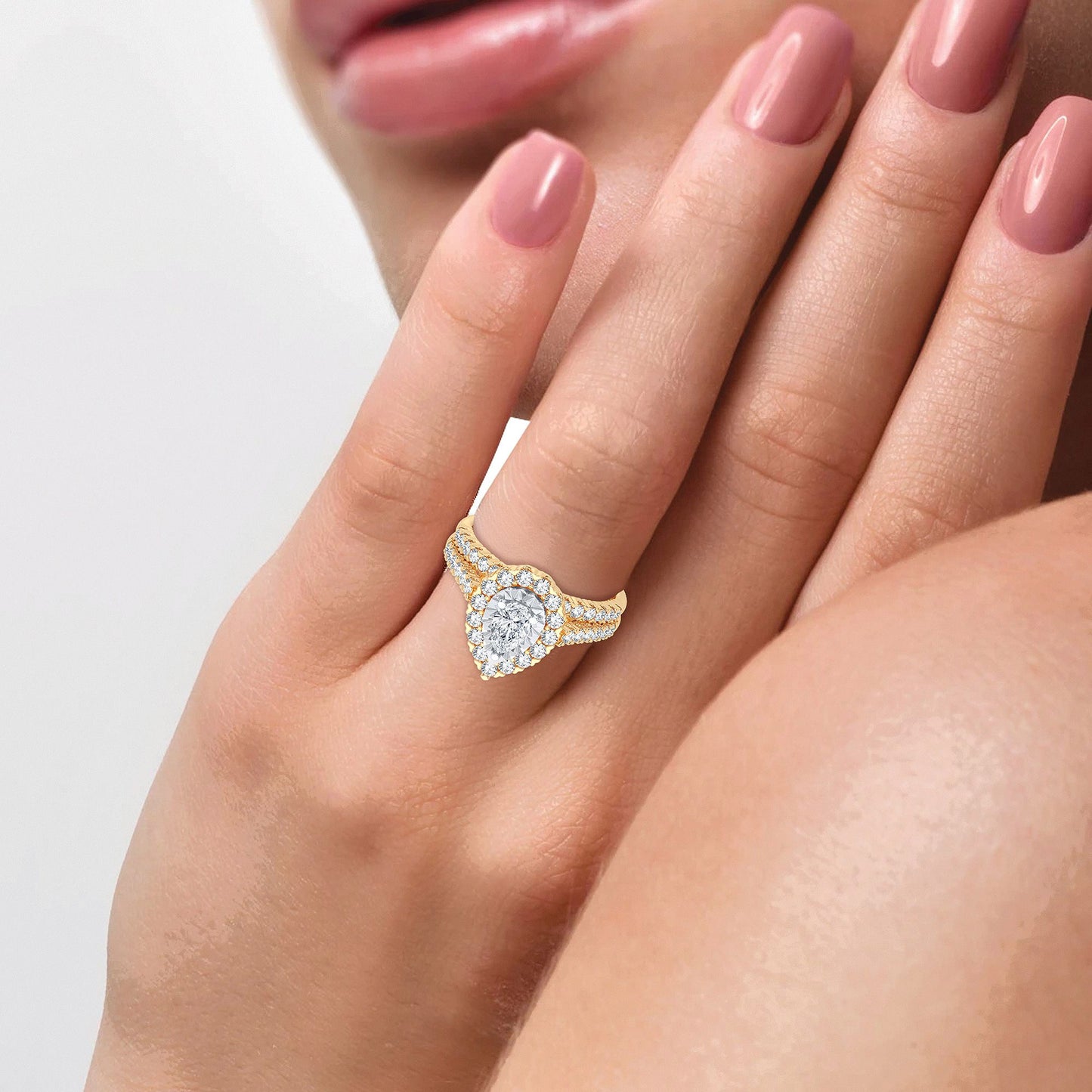 Elegancia de pera - Anillo nupcial de oro amarillo de 14 quilates con diamantes de 1,05 quilates