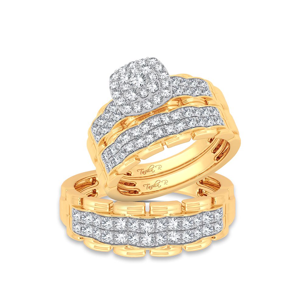 Circular Splendor: 14K Yellow Gold 1.25CT Diamond Trio Wedding Set