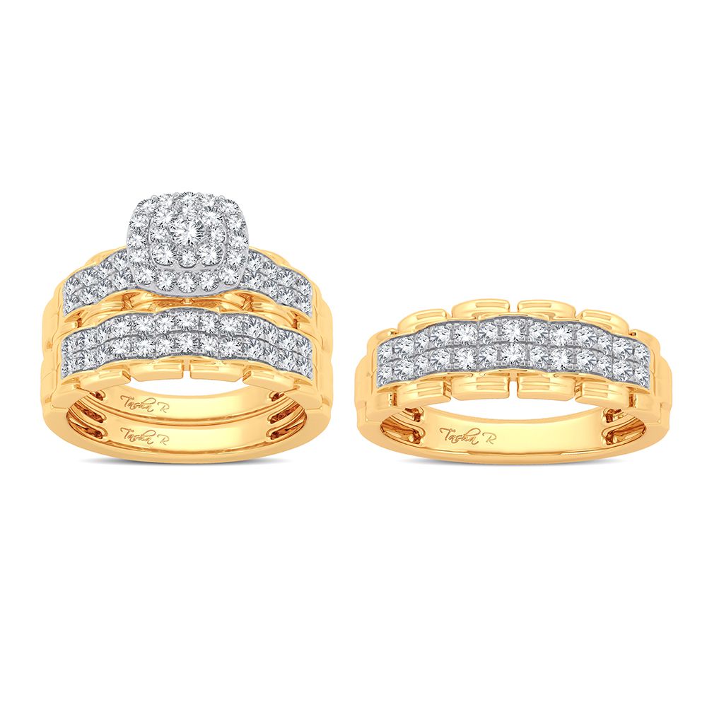 Circular Splendor: 14K Yellow Gold 1.25CT Diamond Trio Wedding Set