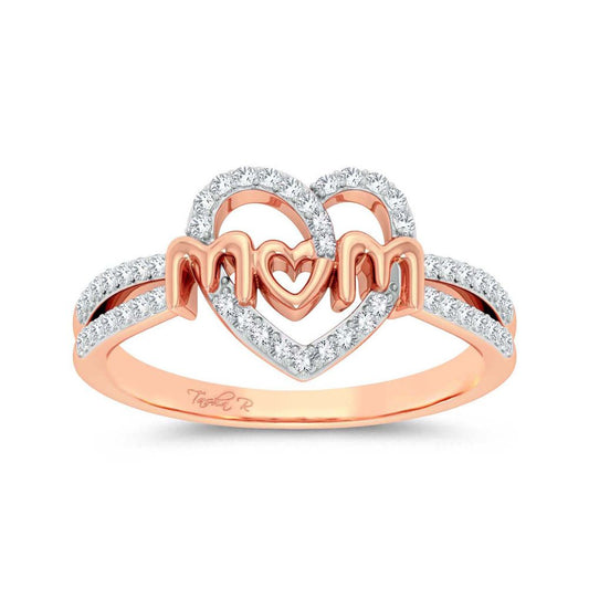 "Mom" Hearts Entwined 10K Rose Gold 0.20 CT Diamond Ring